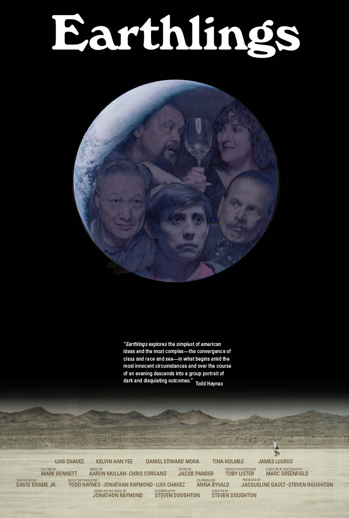 Earthlings promotional poster. In large bold font it says "Earthlings." There is an image of the five character's faces in a blue orb that looks Earth-like. Some express curiosity, worry, or a smirk.