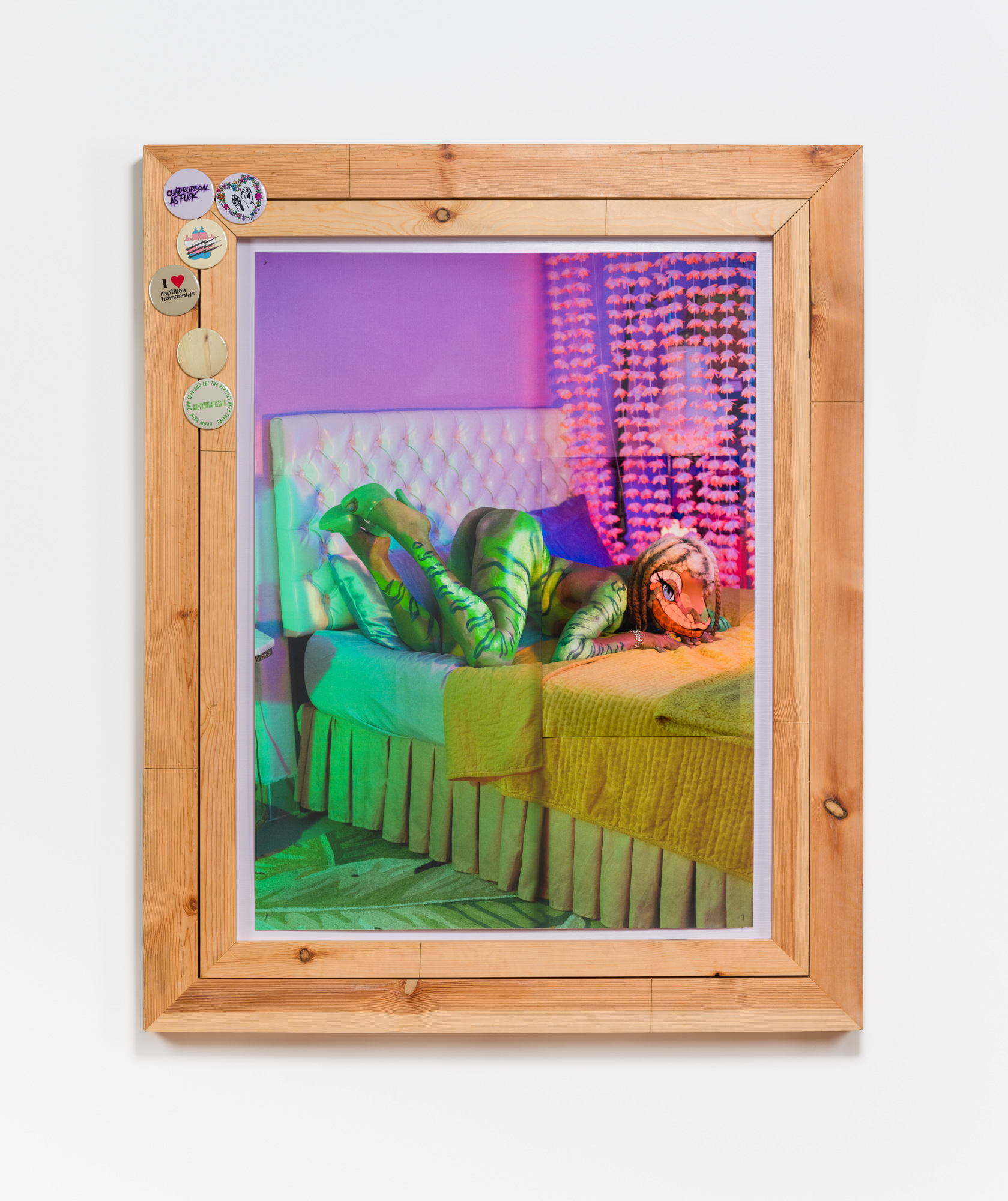 Juliana Huxtable, TBT, 2019 12 colour archival ink on linen, collage, bespoke badges in artist frame 53 7/8 × 42 1/8 × 2 3/8 inches