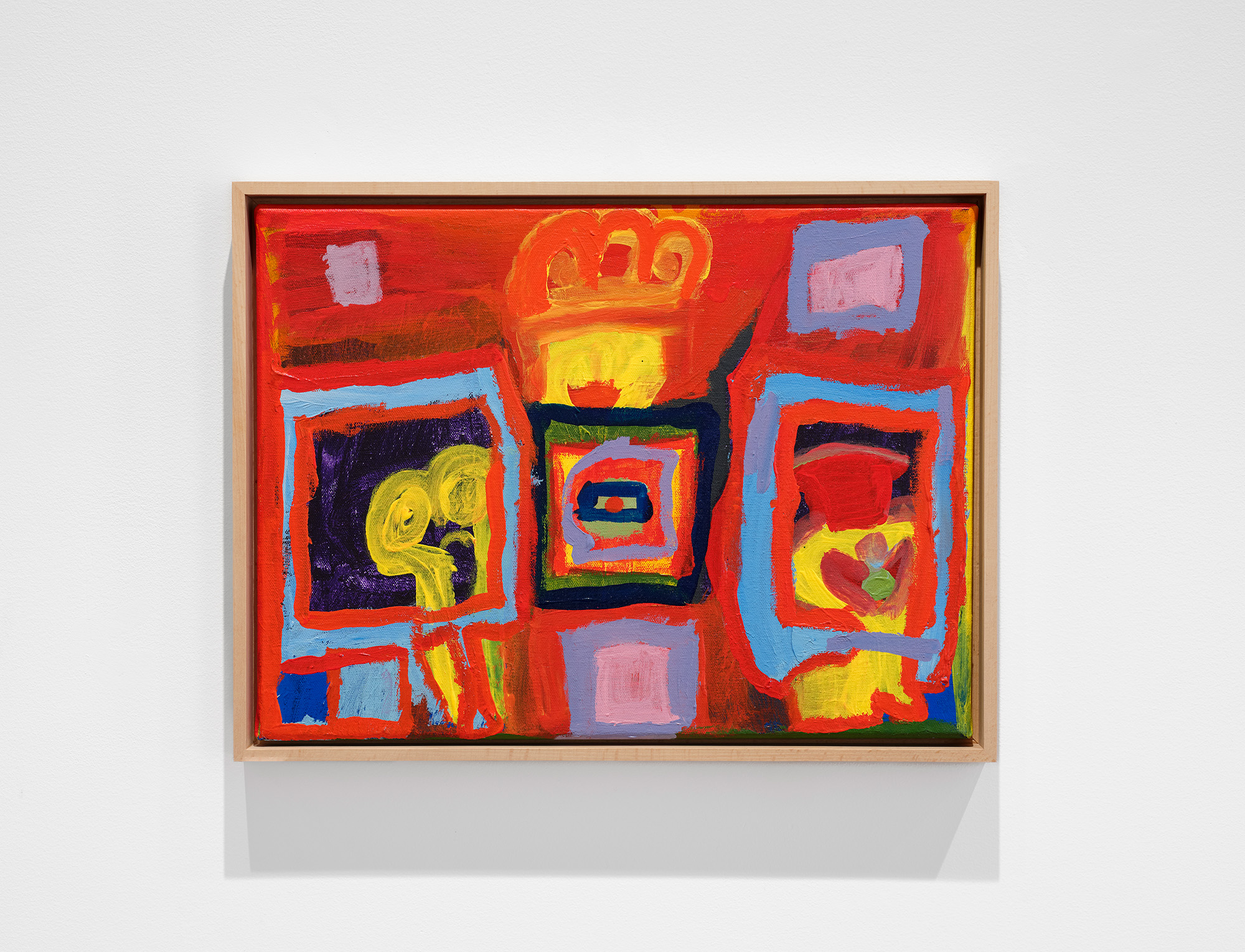 A vibrant red painting. The strokes are bold and colorblocked. An abstract image of a creature sits on the bottom right.
